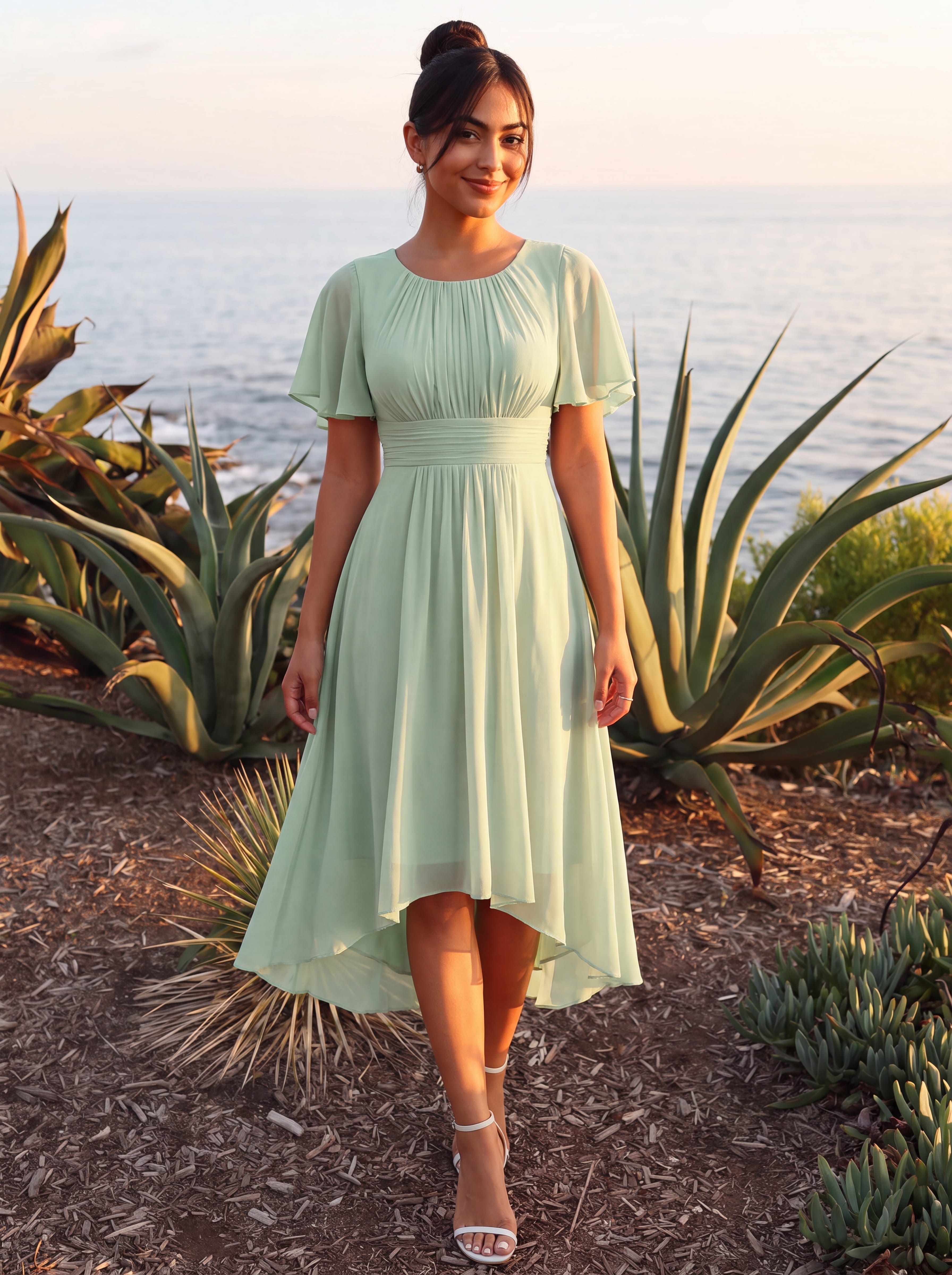 Flowy Chiffon Round Neckline A-Line Knee Length Wedding Guest Dress #color_Mint Green