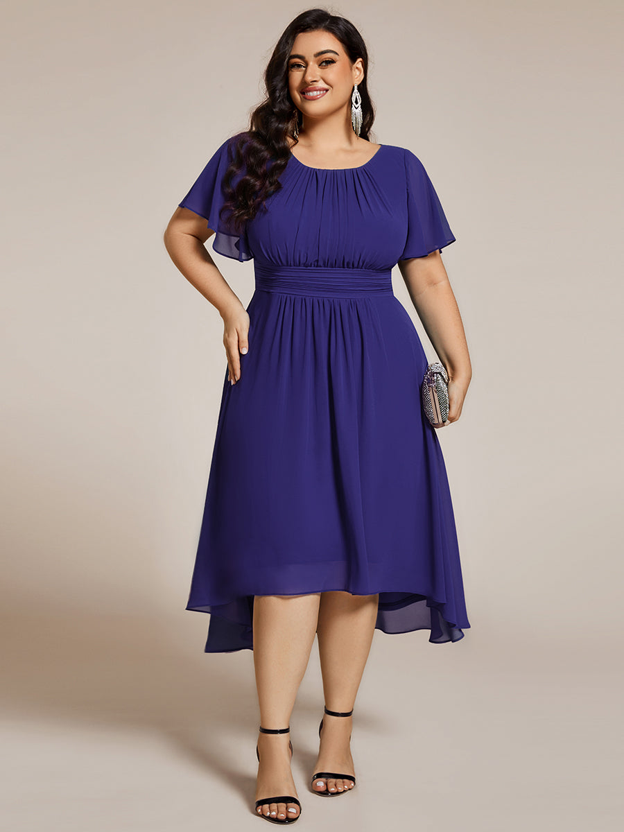 Flowy Chiffon Round Neckline A-Line Knee Length Wedding Guest Dress #color_Dusty Blue