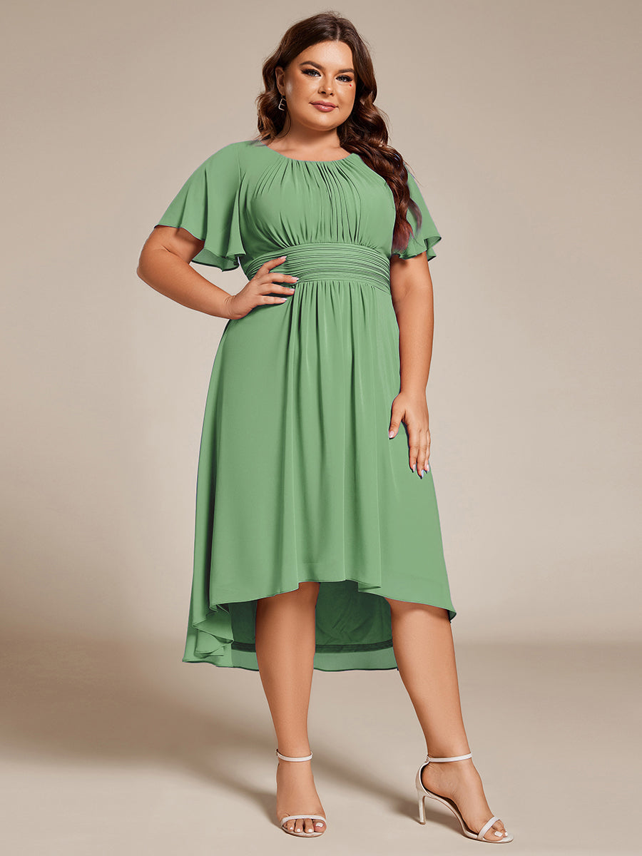 Flowy Chiffon Round Neckline A-Line Knee Length Wedding Guest Dress #color_Dusty Blue
