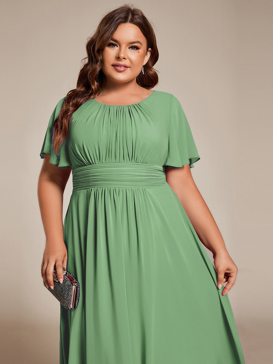 Flowy Chiffon Round Neckline A-Line Knee Length Wedding Guest Dress #color_Dusty Blue