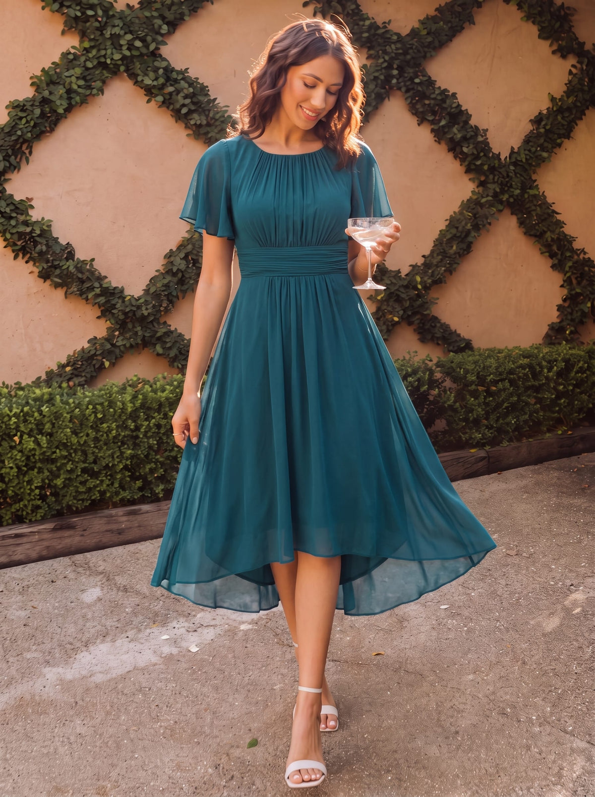 ever EDEN|Flowy Chiffon Round Neckline A-Line Midi Wedding Guest Dress #color_Teal