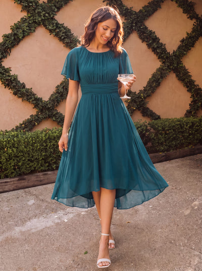 ever EDEN|Chiffon Round Neckline A-Line Midi Wedding Guest Dress
