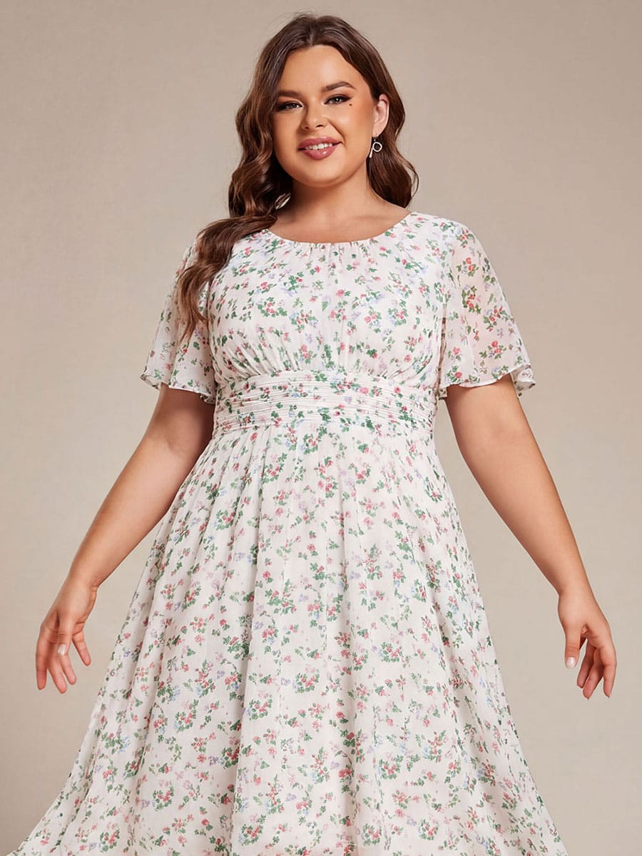 Flowy Chiffon Round Neckline A-Line Knee Length Wedding Guest Dress #color_White Floral