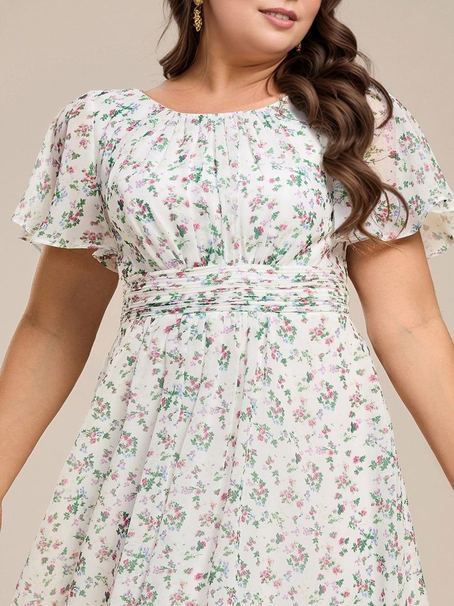 Flowy Chiffon Round Neckline A-Line Knee Length Wedding Guest Dress #color_White Floral