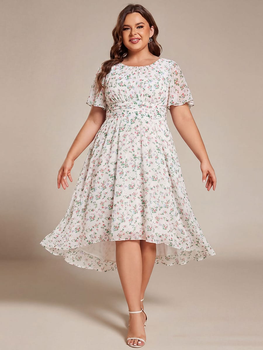 Flowy Chiffon Round Neckline A-Line Knee Length Wedding Guest Dress #color_White Floral