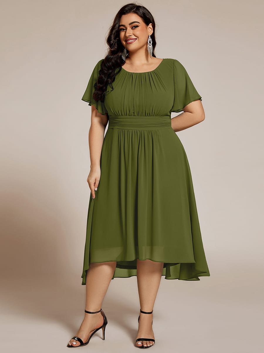 Flowy Chiffon Round Neckline A-Line Knee Length Wedding Guest Dress #color_Olive Green