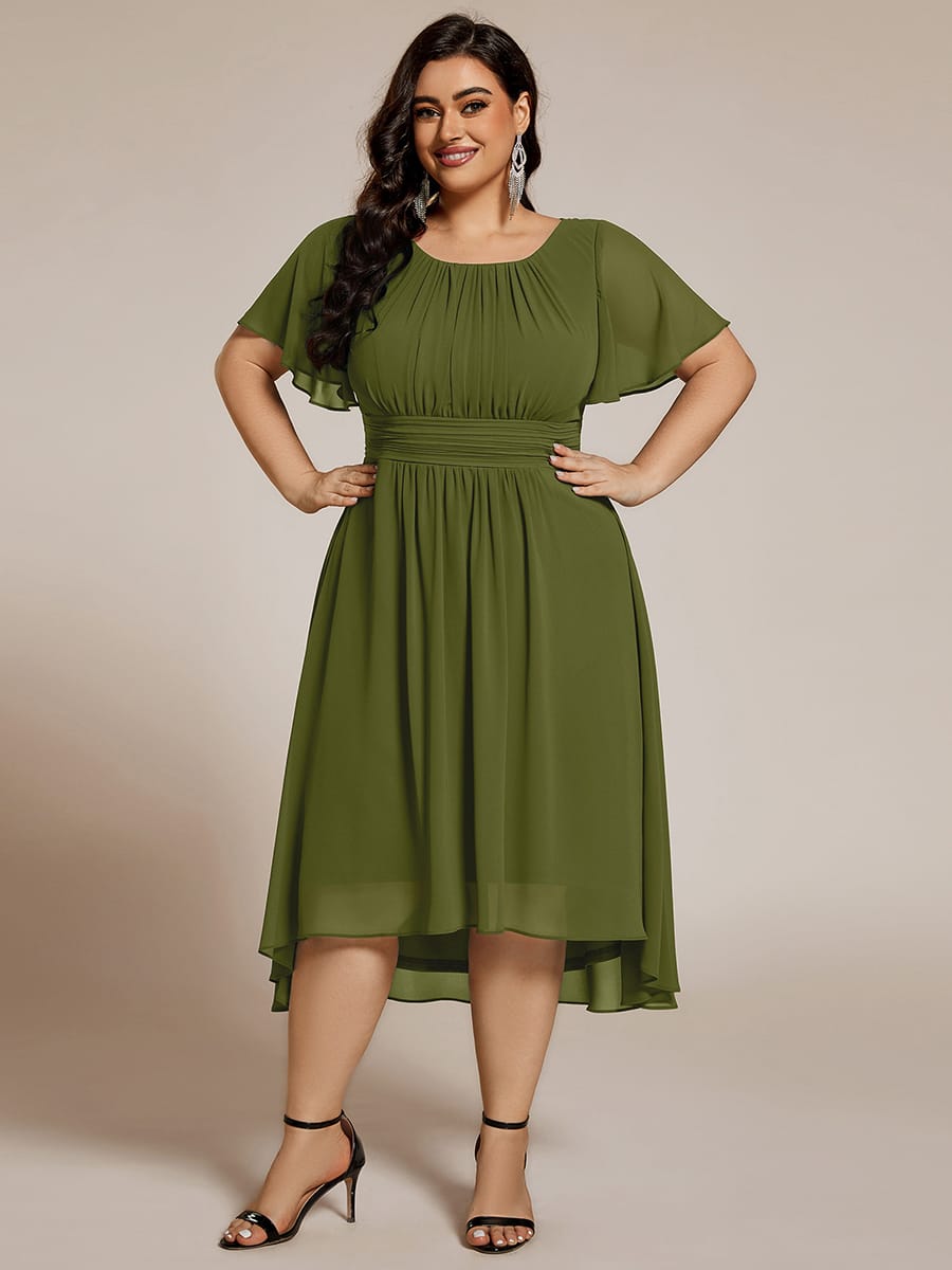 Flowy Chiffon Round Neckline A-Line Knee Length Wedding Guest Dress #color_Olive Green