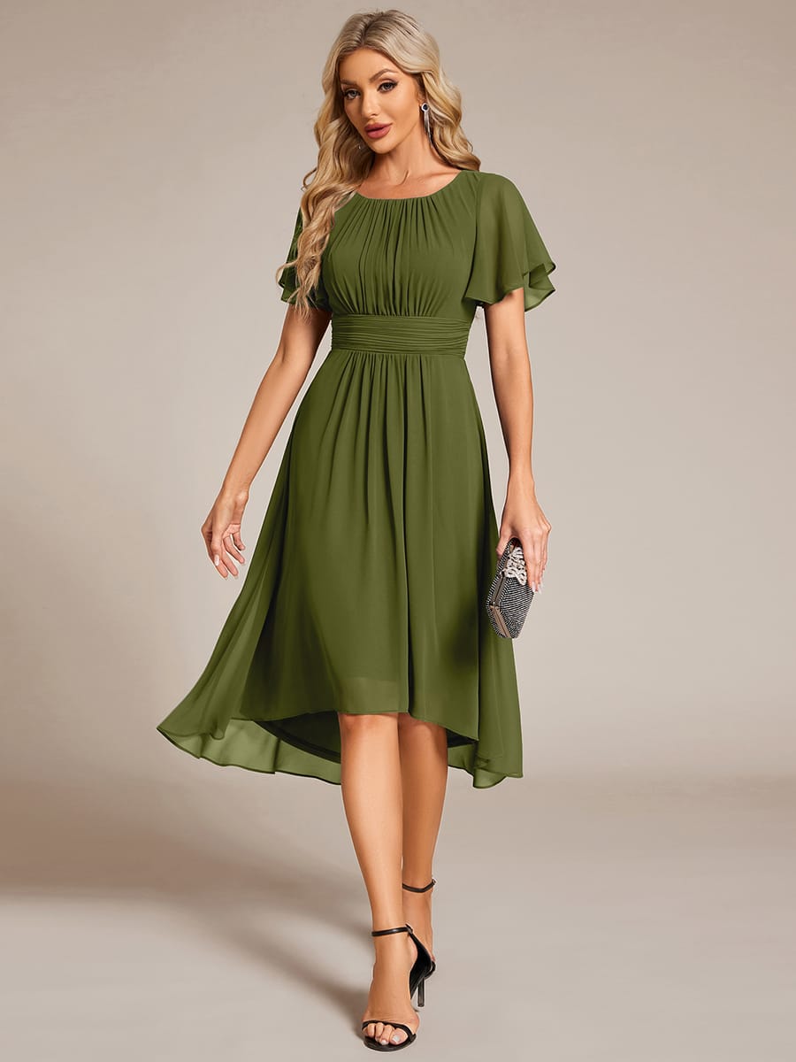 Flowy Chiffon Round Neckline A-Line Knee Length Wedding Guest Dress #color_Olive Green