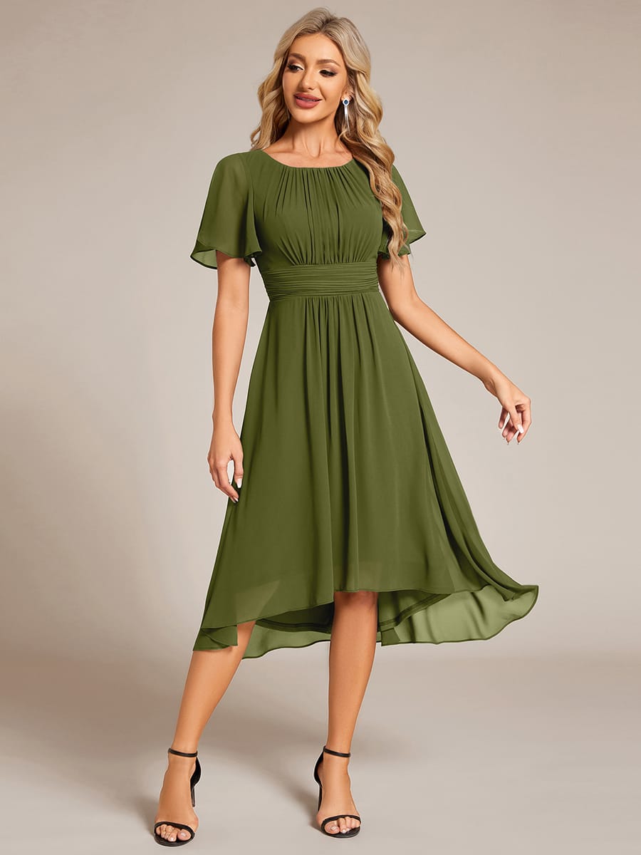 Flowy Chiffon Round Neckline A-Line Knee Length Wedding Guest Dress #color_Olive Green