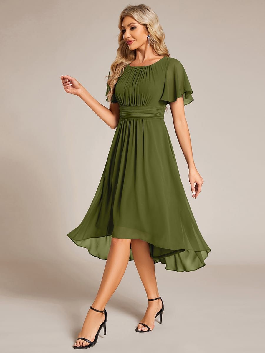 Flowy Chiffon Round Neckline A-Line Knee Length Wedding Guest Dress #color_Olive Green