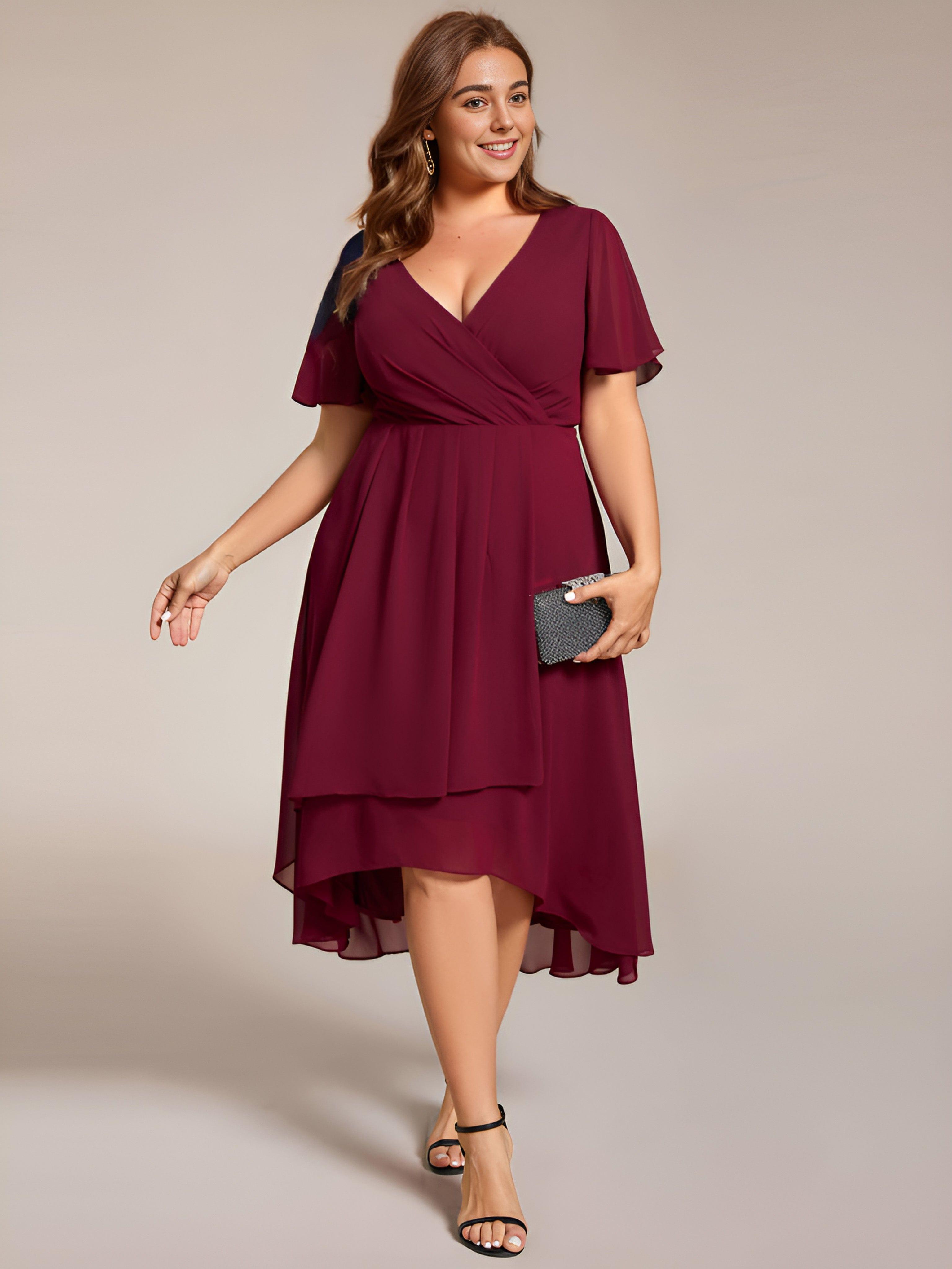 Plus Size Chiffon Short Sleeve High-Low Wedding Guest Dress #color_Burgundy