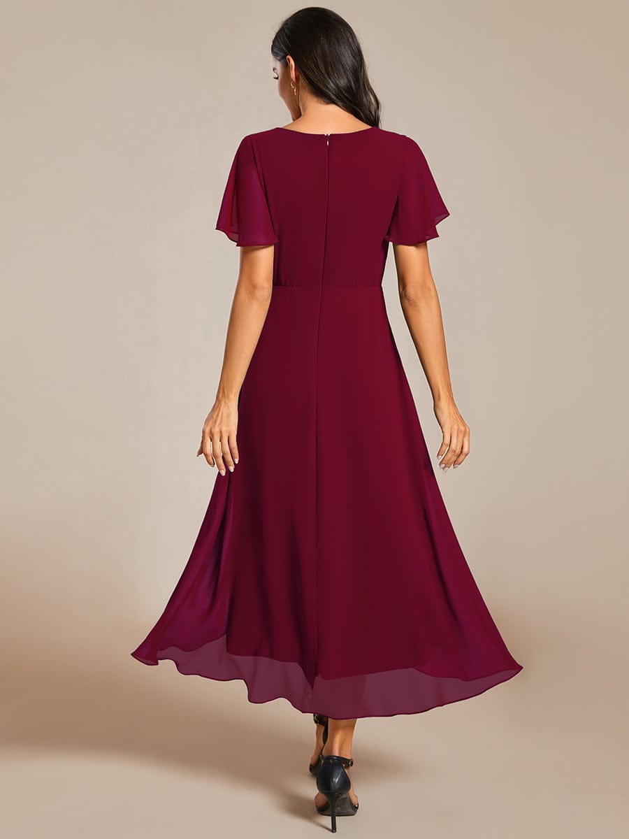 Chiffon Elegance Short Sleeve High-Low Wedding Guest Dress #color_Burgundy