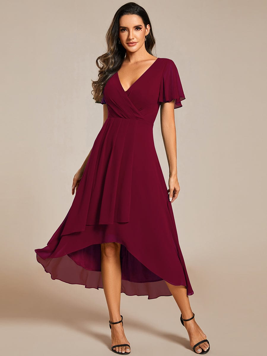 Chiffon Elegance Short Sleeve High-Low Wedding Guest Dress #color_Burgundy
