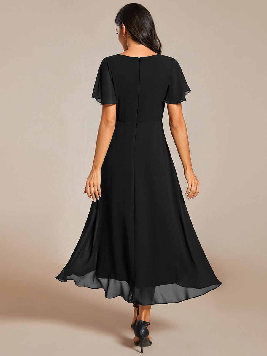 Chiffon Elegance Short Sleeve High-Low Wedding Guest Dress #color_Black