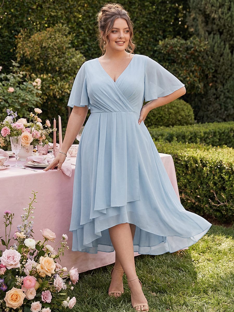 Chiffon Elegance Short Sleeve High-Low Wedding Guest Dress #color_Sky Blue