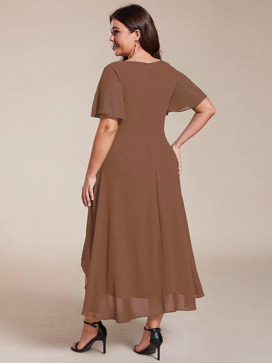 Floral Chiffon Elegance Short Sleeve High-Low Wedding Guest Dress #color_Brown