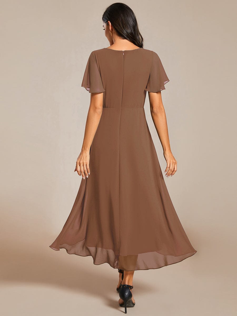 Floral Chiffon Elegance Short Sleeve High-Low Wedding Guest Dress #color_Brown