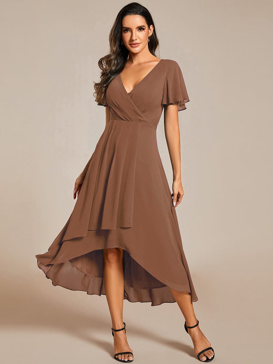 Floral Chiffon Elegance Short Sleeve High-Low Wedding Guest Dress #color_Brown