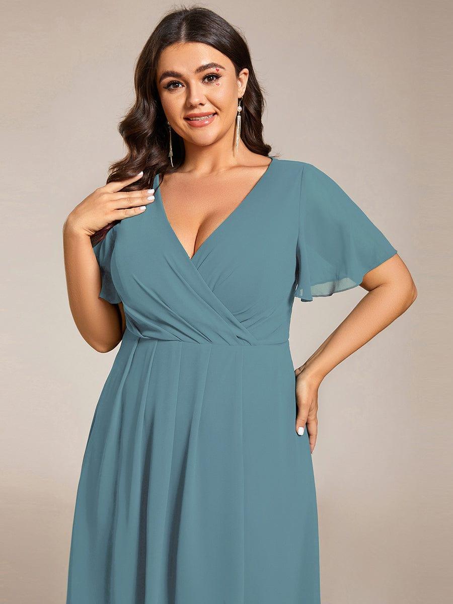 Plus Size Chiffon Short Sleeve High-Low Wedding Guest Dress #color_Light Teal