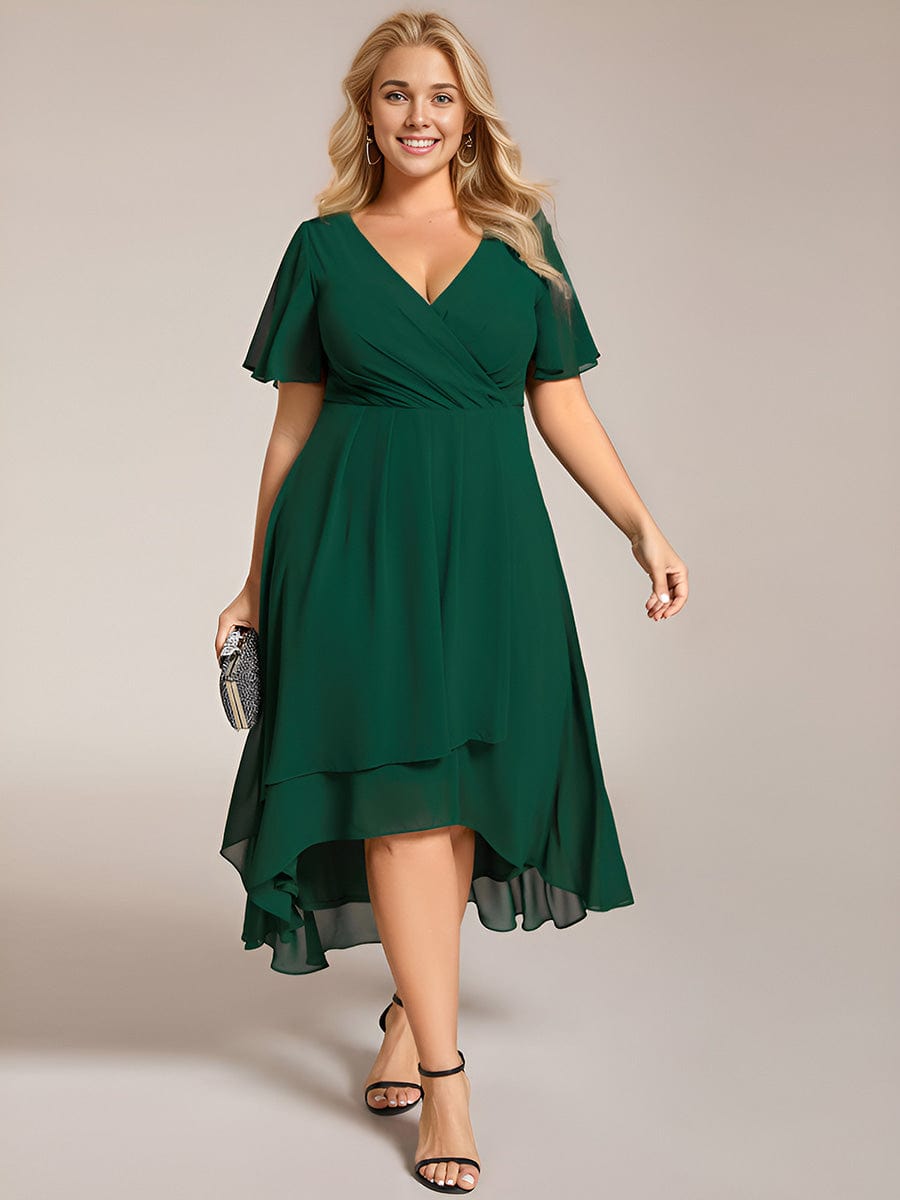 Plus Size Chiffon Short Sleeve High-Low Wedding Guest Dress #color_Dark Green