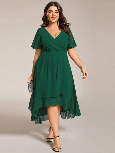 Plus Size Chiffon Short Sleeve High-Low Wedding Guest Dress #color_Dark Green