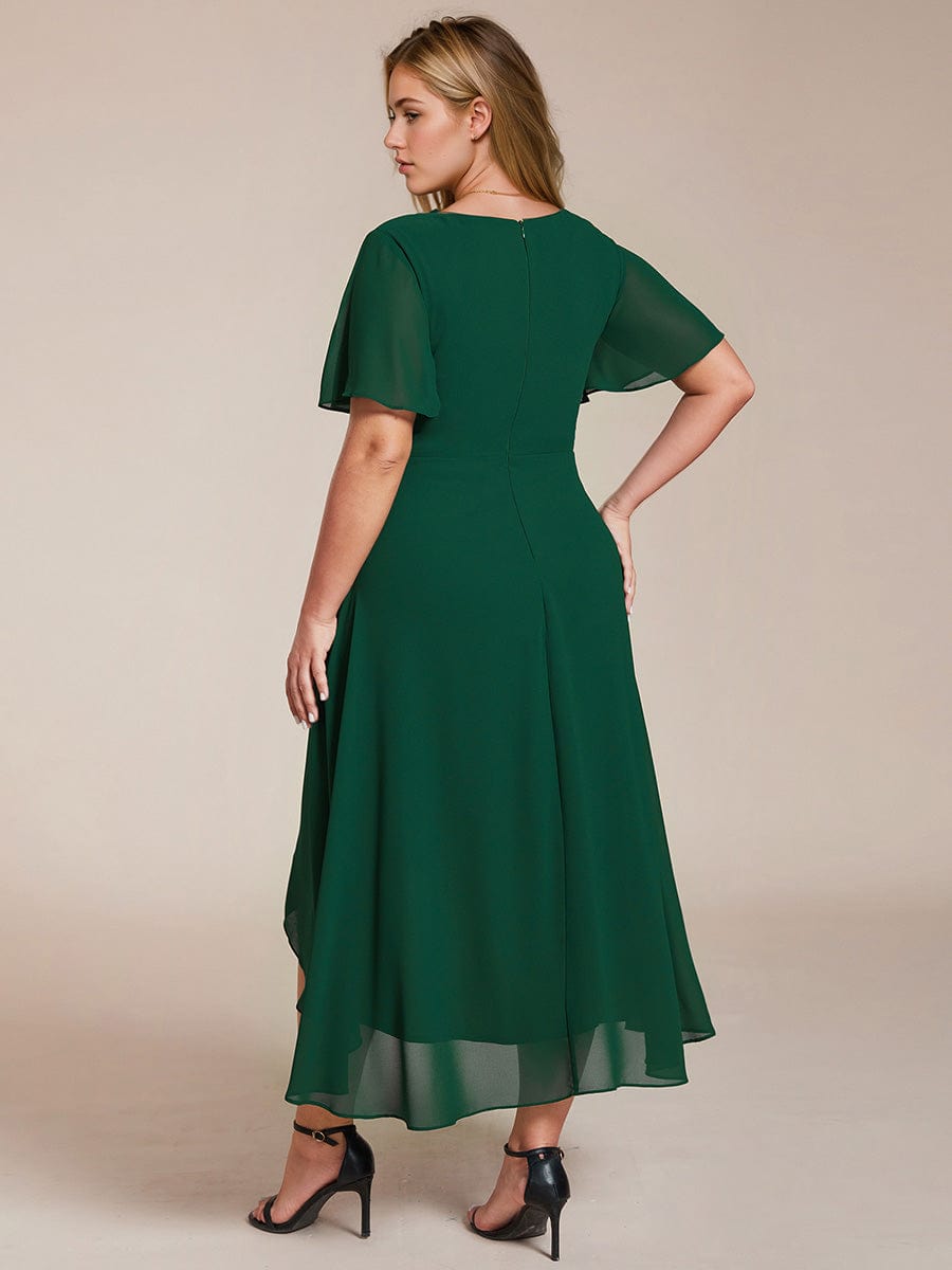 Plus Size Chiffon Short Sleeve High-Low Wedding Guest Dress #color_Dark Green