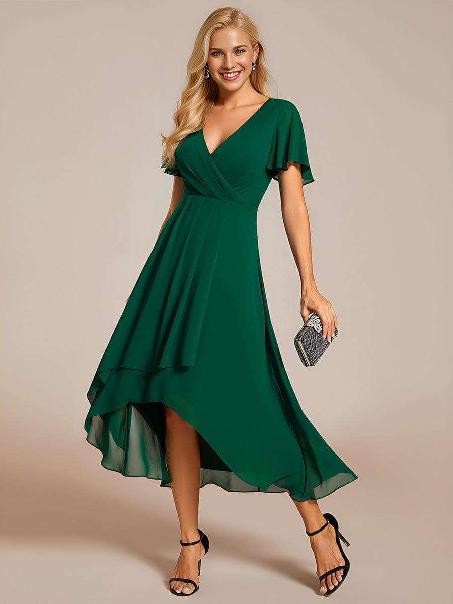 Chiffon Elegance Short Sleeve High-Low Wedding Guest Dress #color_Dark Green