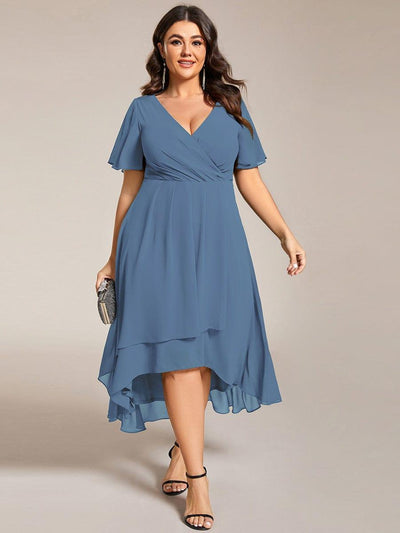 Plus Size Chiffon Short Sleeve High-Low Wedding Guest Dress #color_Dusty Blue