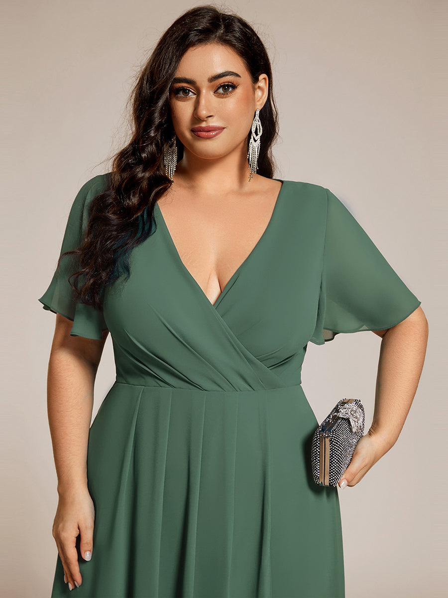 Plus Size Chiffon Short Sleeve High-Low Wedding Guest Dress #color_Eucalyptus Green