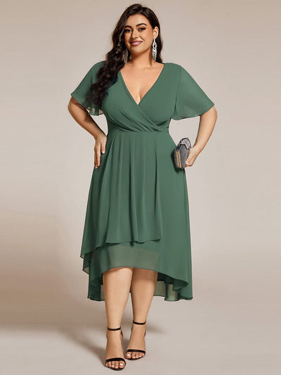 Plus Size Chiffon Short Sleeve High-Low Wedding Guest Dress #color_Eucalyptus Green