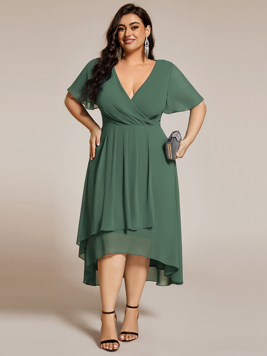Plus Size Chiffon Short Sleeve High-Low Wedding Guest Dress #color_Eucalyptus Green