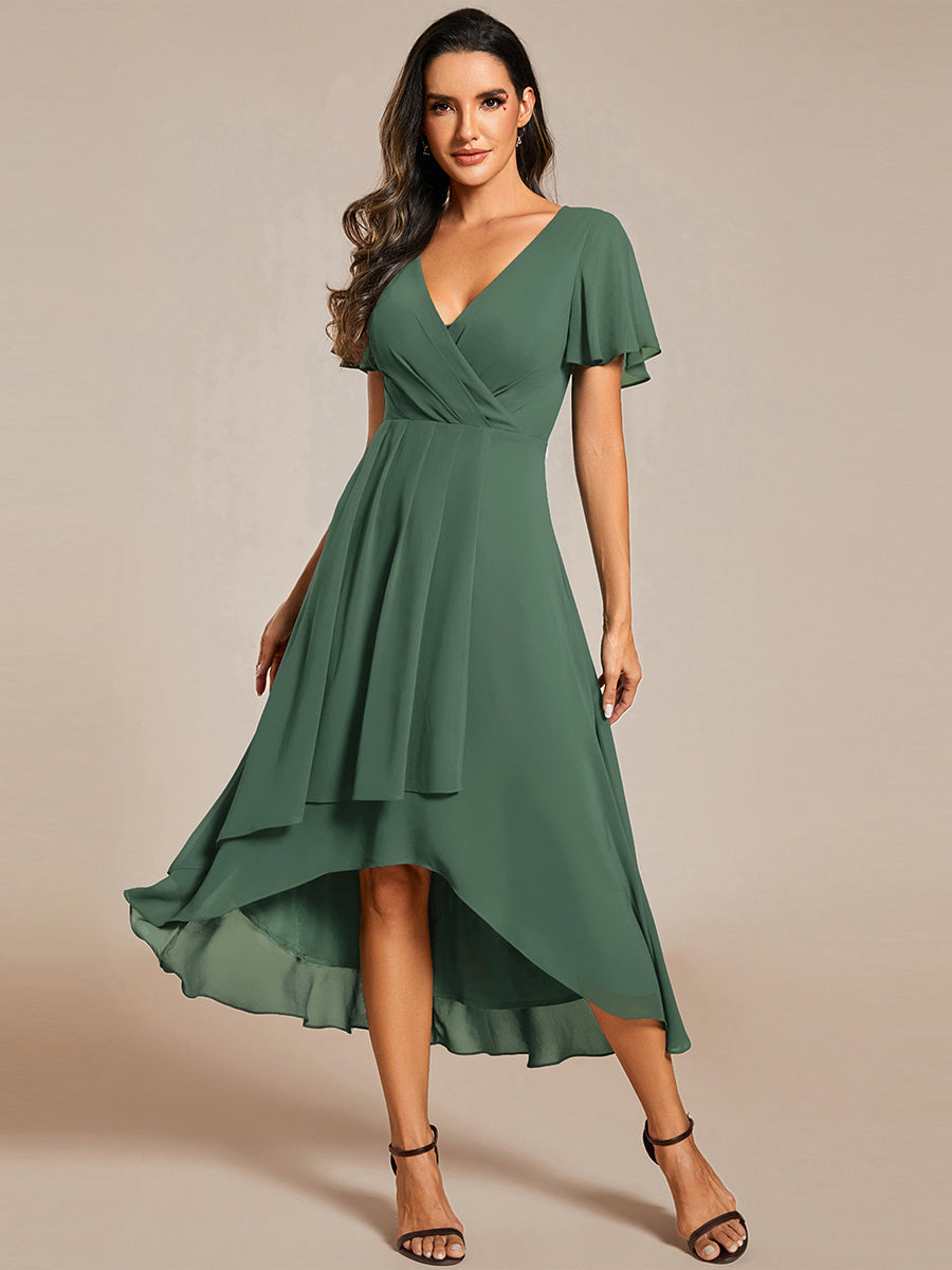 Chiffon Elegance Short Sleeve High-Low Wedding Guest Dress #color_Eucalyptus Green