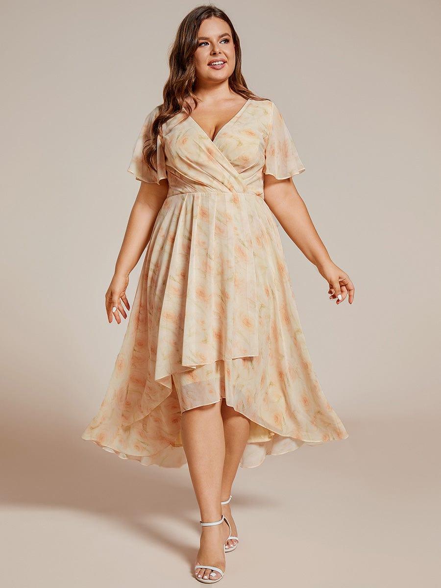 Floral Chiffon Elegance Short Sleeve High-Low Wedding Guest Dress #color_Golden Roses