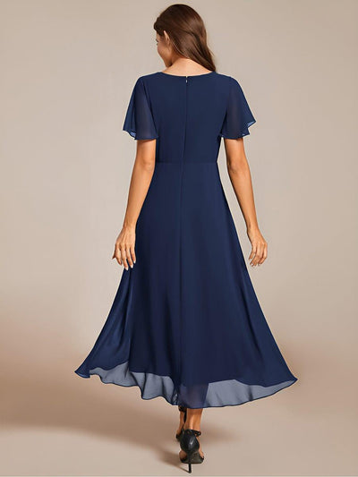 Chiffon Elegance Short Sleeve High-Low Wedding Guest Dress #color_Navy Blue
