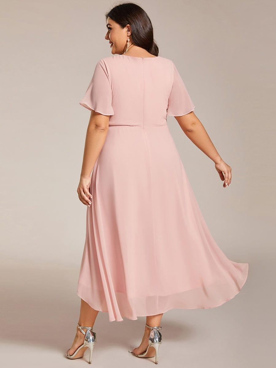 Plus Size Chiffon Short Sleeve High-Low Wedding Guest Dress #color_Pink