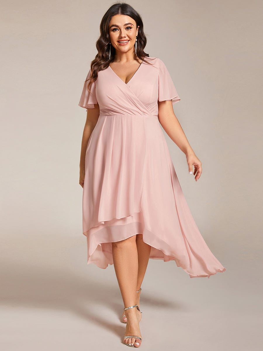 Plus Size Chiffon Short Sleeve High-Low Wedding Guest Dress #color_Pink