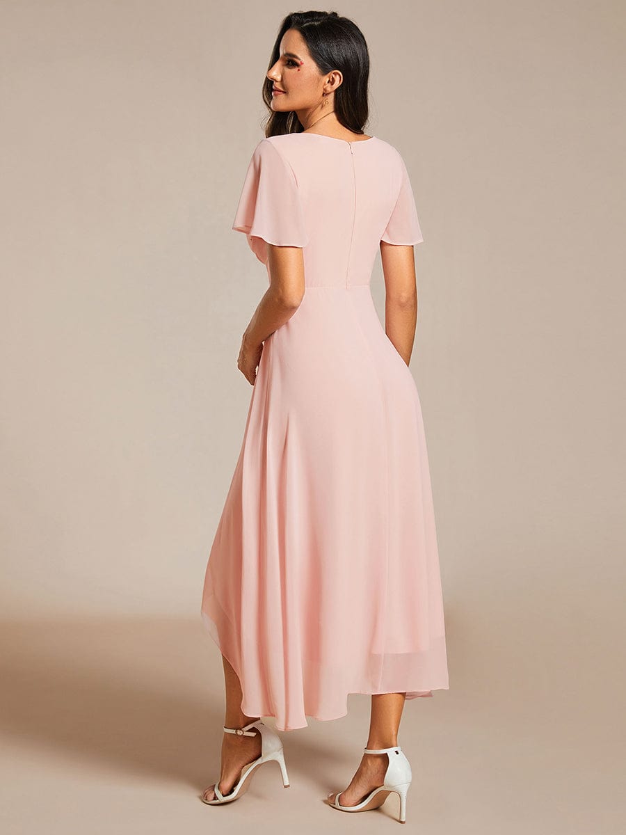 Chiffon Elegance Short Sleeve High-Low Wedding Guest Dress #color_Pink