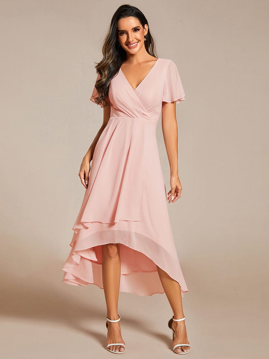 Chiffon Elegance Short Sleeve High-Low Wedding Guest Dress #color_Pink