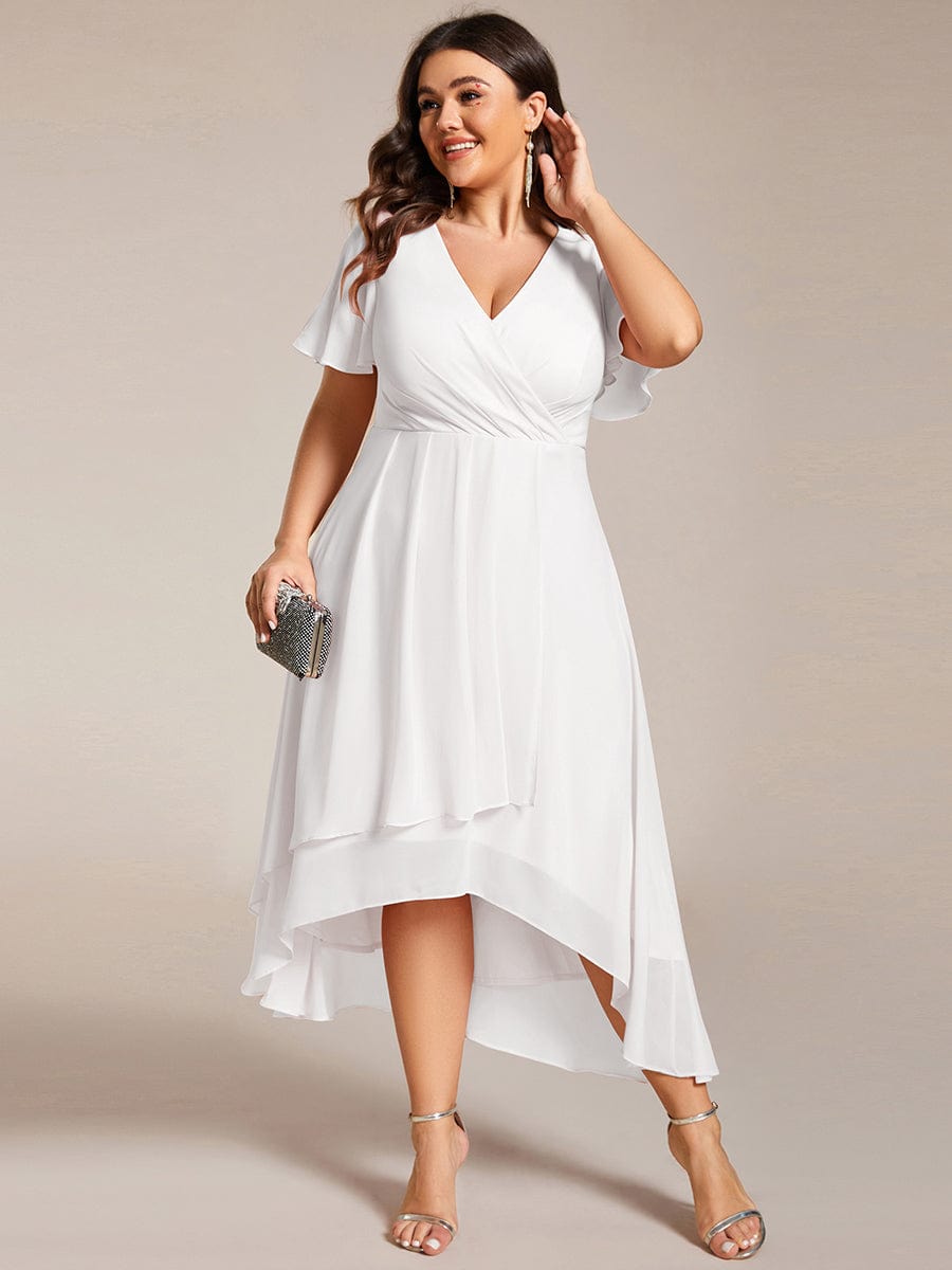 Plus Size Chiffon Short Sleeve High-Low Wedding Guest Dress #color_White