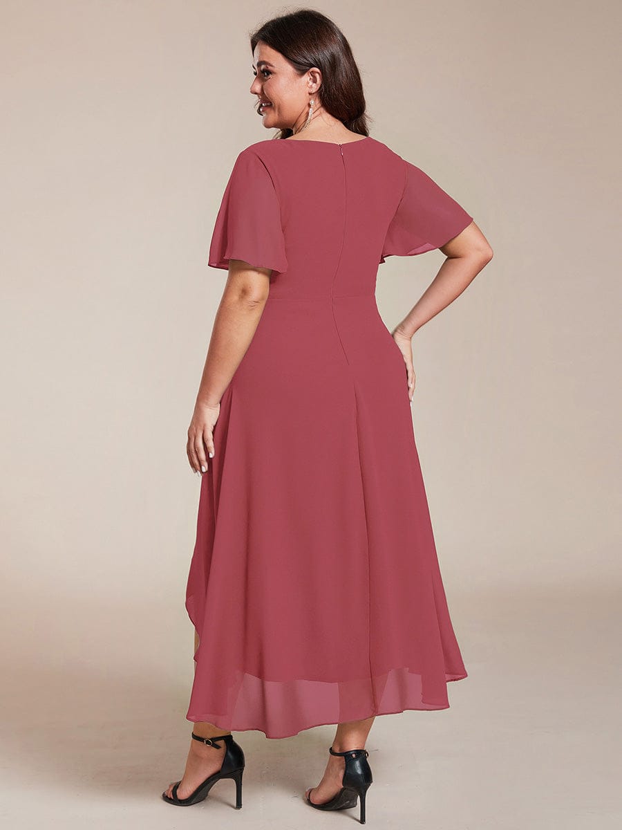 Floral Chiffon Elegance Short Sleeve High-Low Wedding Guest Dress #color_Cameo Brown