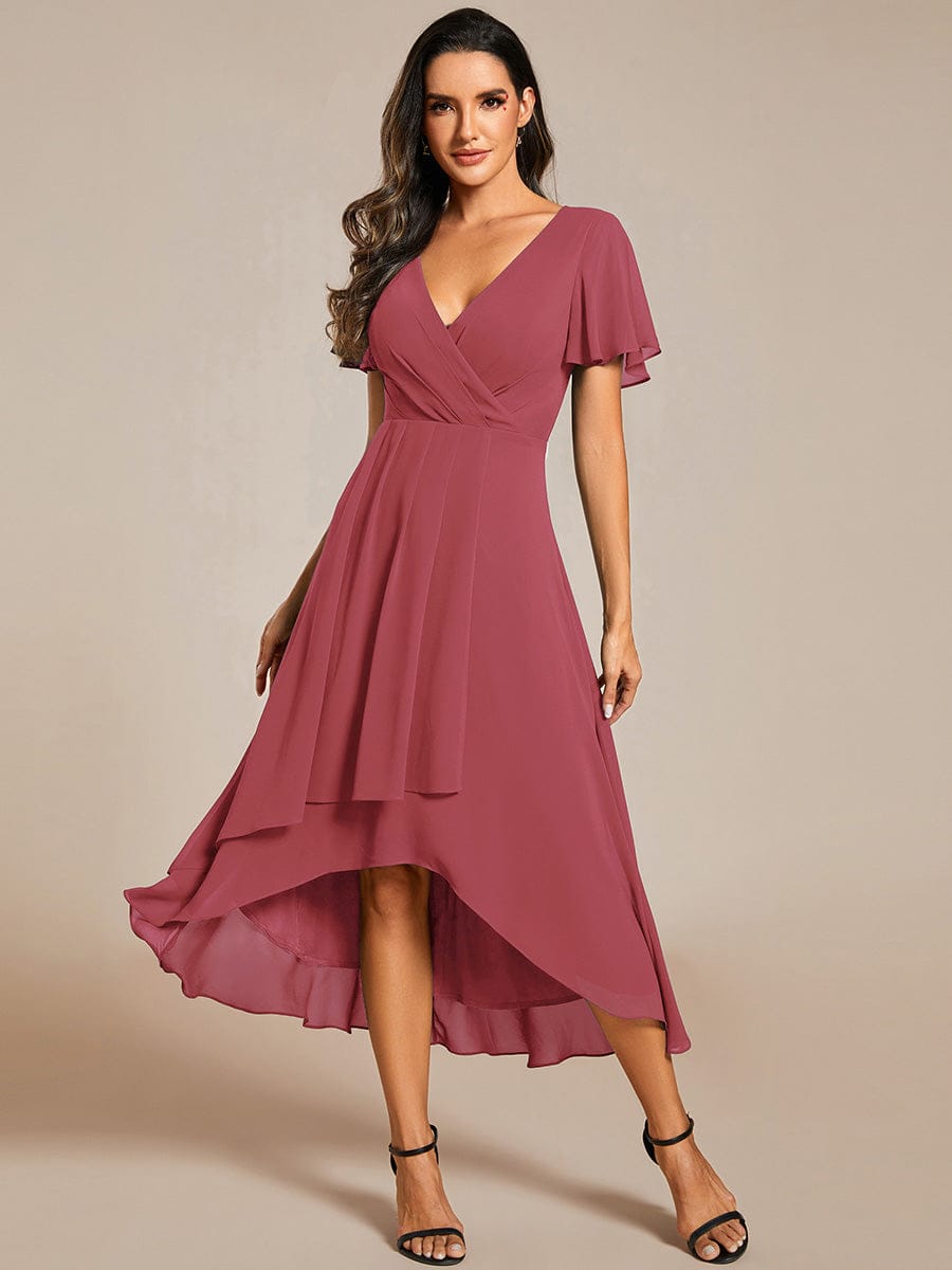 Floral Chiffon Elegance Short Sleeve High-Low Wedding Guest Dress #color_Cameo Brown