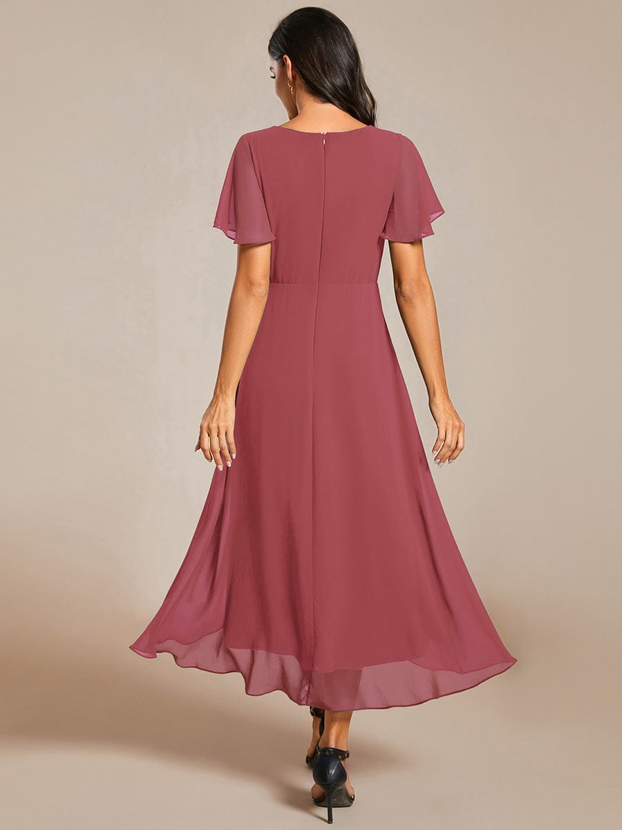 Floral Chiffon Elegance Short Sleeve High-Low Wedding Guest Dress #color_Cameo Brown