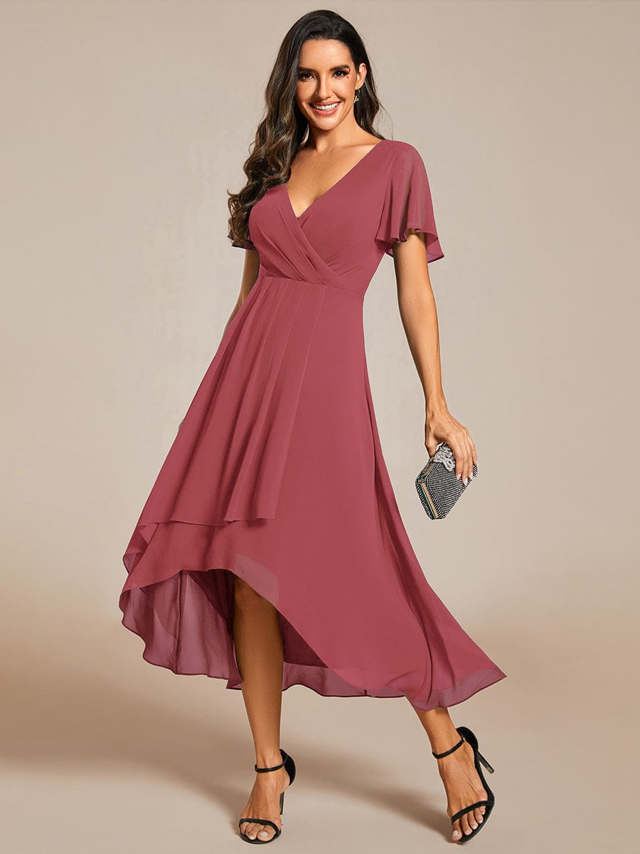 Floral Chiffon Elegance Short Sleeve High-Low Wedding Guest Dress #color_Cameo Brown
