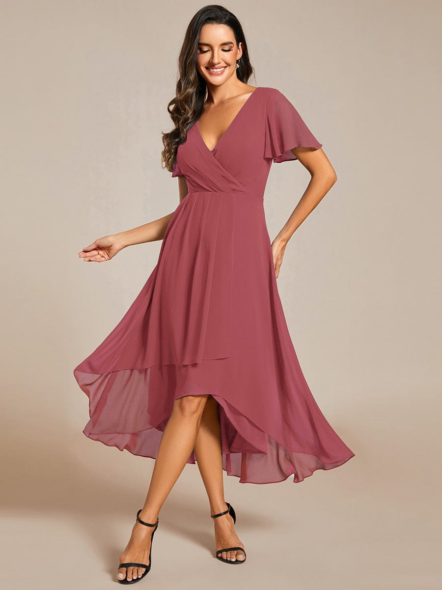 Floral Chiffon Elegance Short Sleeve High-Low Wedding Guest Dress #color_Cameo Brown