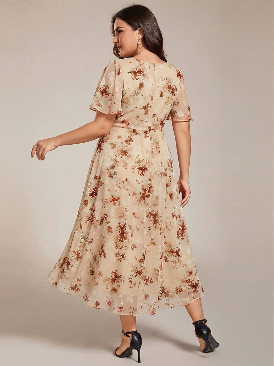 Floral Chiffon Elegance Short Sleeve High-Low Wedding Guest Dress #color_Champagne Print
