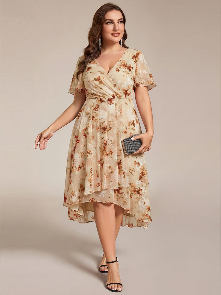 Floral Chiffon Elegance Short Sleeve High-Low Wedding Guest Dress #color_Champagne Print