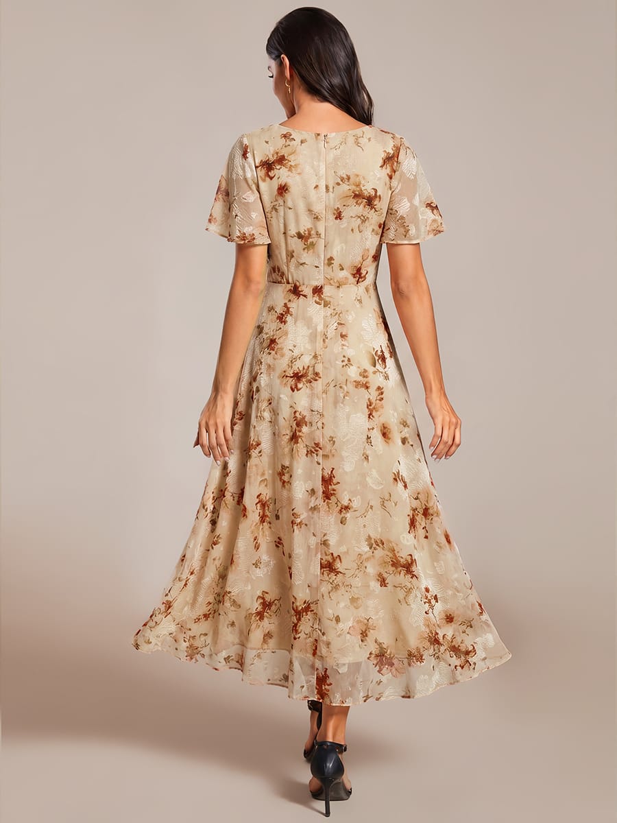 Floral Chiffon Elegance Short Sleeve High-Low Wedding Guest Dress #color_Champagne Print