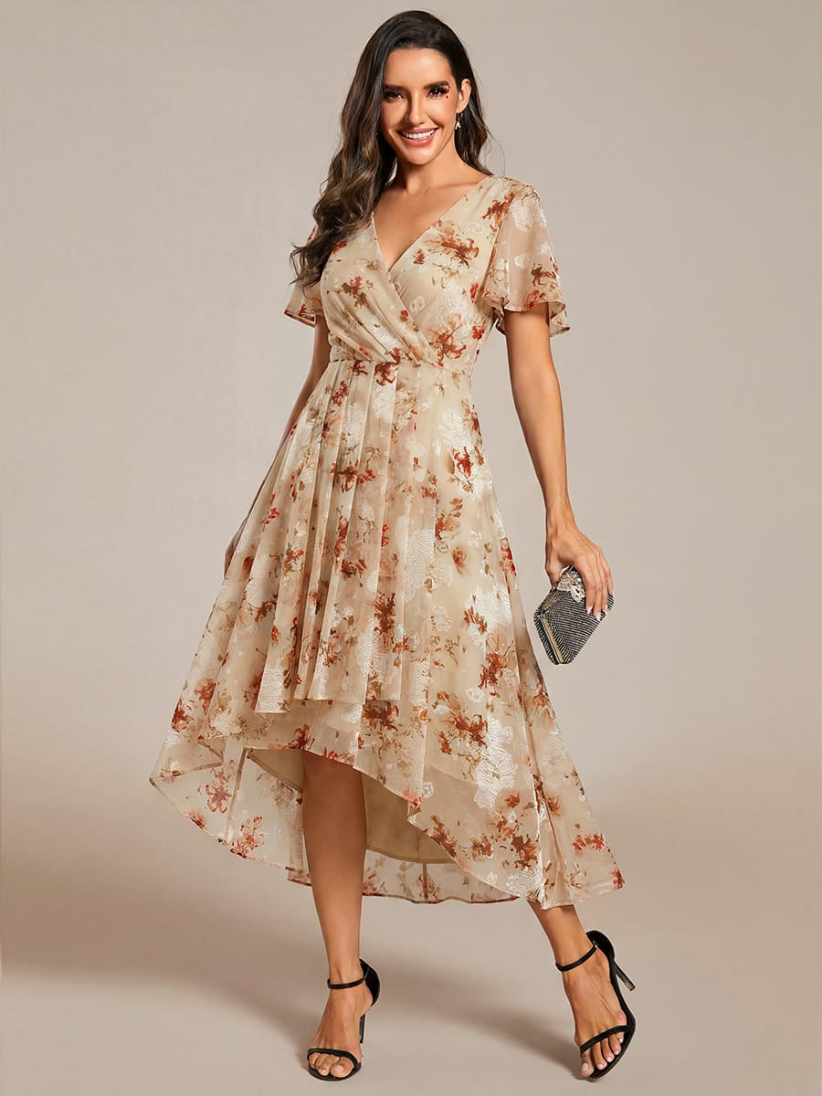 Floral Chiffon Elegance Short Sleeve High-Low Wedding Guest Dress #color_Champagne Print