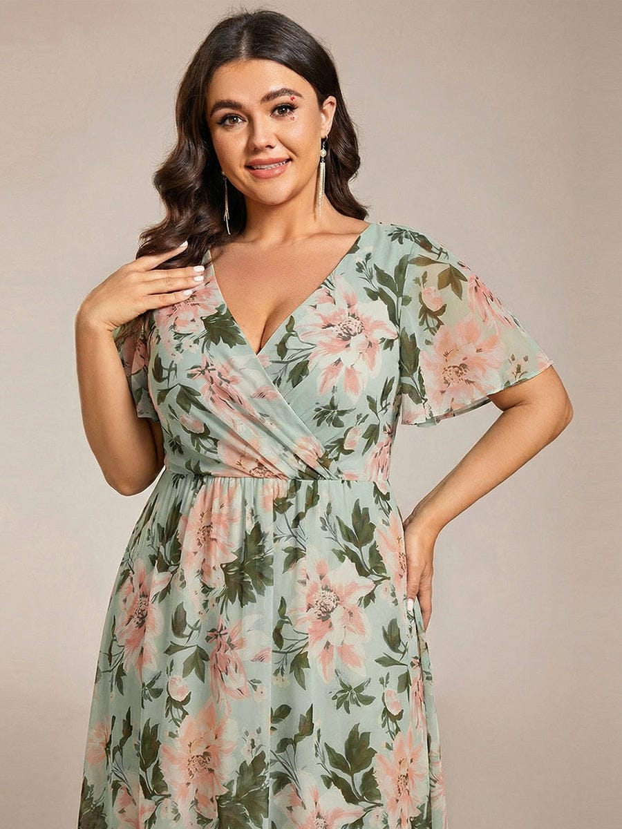 Chiffon Elegance Short Sleeve High-Low Dress In Pink #color_Light Green Floral