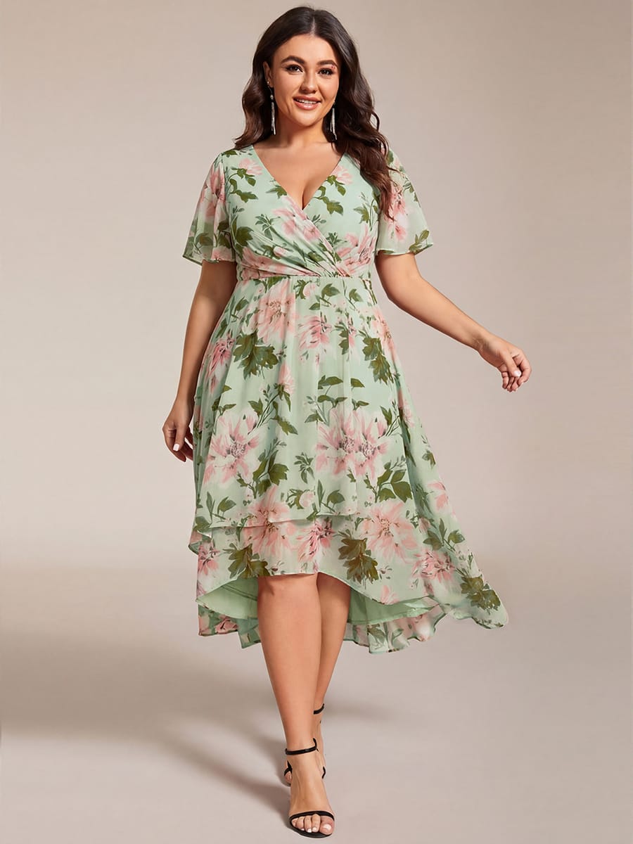 Chiffon Elegance Short Sleeve High-Low Bridesmaid Dress #color_Light Green Floral